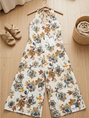Anthropology - Joie Cream Floral Halter Jumpsuit with Blue & Mustard Blooms